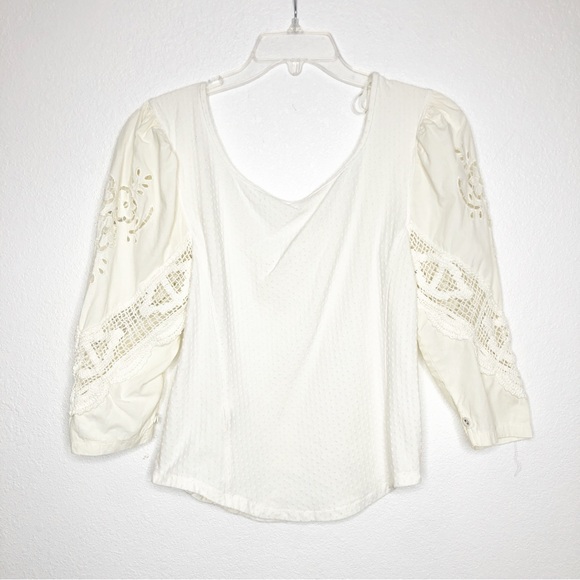 Free People Brunch Date Top 3/4 Lace Puff Sleeve Blouse Size Medium Revolve - Picture 4 of 16
